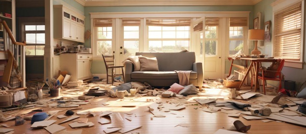 Wohnzimmer mit Sofa vor hellen Fenstern, der Boden übersät mit Papieren, Pappteilen, Kissen und Hausrat